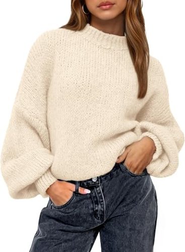 BTFBM Sweaters for Women Crew Neck Lantern Sleeve Oversized Sweater