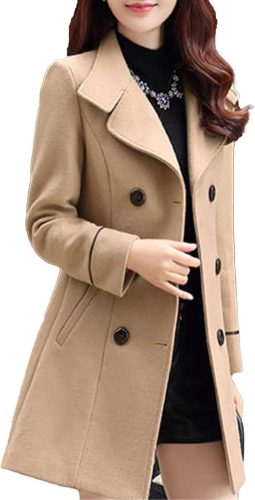 Women’s Wool Blend Pea Coat Double Breasted Notched Lapel Trench Jackets Spring Fall Casual Mid-Long Overcoat